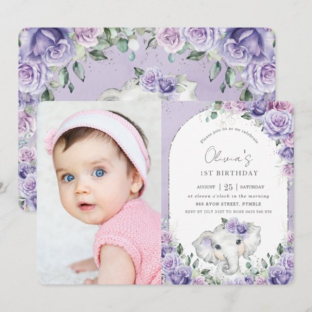 Invitación Dulce púrpura Lilac Floral Elefante de cumpleaños  (Anverso / Reverso)