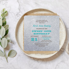 Invitación Dulce Purpurina azul turquesa y plateado 16