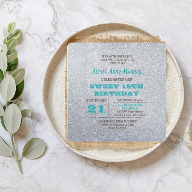 Invitación Dulce Purpurina azul turquesa y plateado 16 (Subido por el creador)