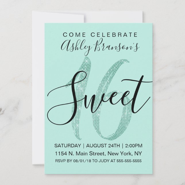 Invitación Dulce Purpurina de la "Mint Green Sequin" Verde az (Anverso)