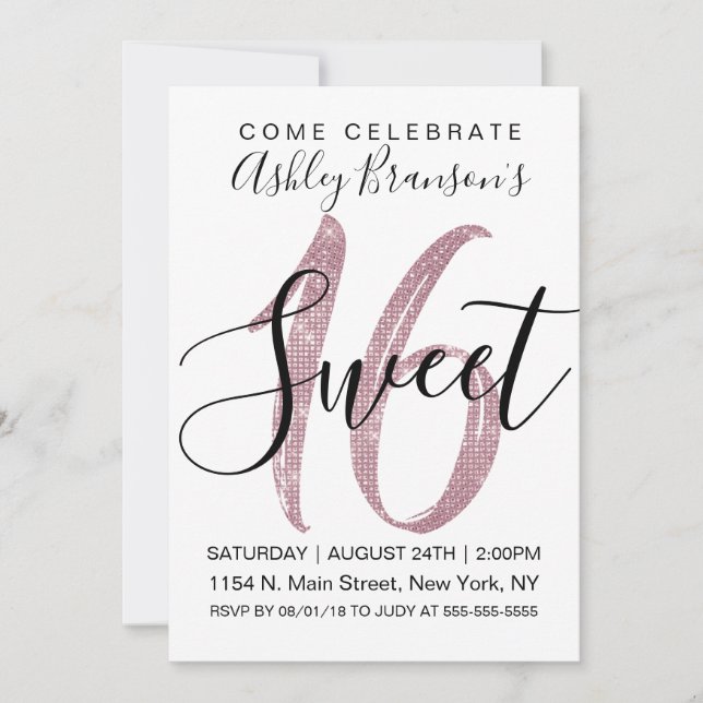 Invitación Dulce Purpurina de la secuencia rosa Faux 16 (Anverso)