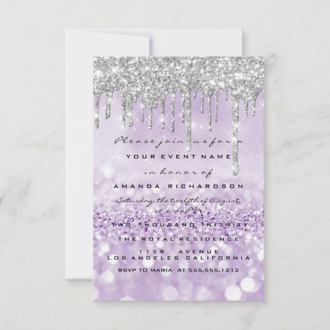 Invitación Dulce purpurina de Morada Plata Morada de Brida 16 (Anverso)