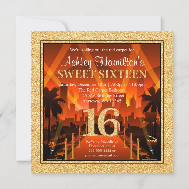 Invitación Dulce Purpurina de oro de Hollywood Red Carpet Cit (Anverso)