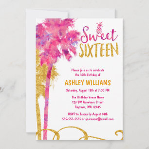 Invitación Dulce Purpurina de oro Faux Palm Tree rosa tropica
