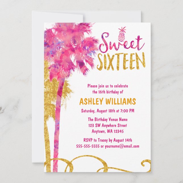 Invitación Dulce Purpurina de oro Faux Palm Tree rosa tropica (Anverso)