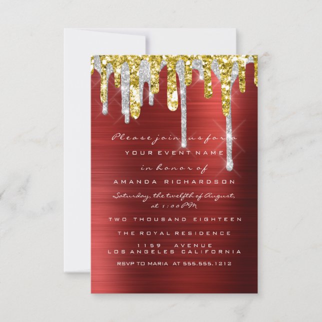 Invitación Dulce purpurina de oro rojo plateado (Anverso)