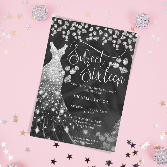 Invitación Dulce Purpurina de plata de pollo moderno 16 (silver glitter diamond dress birthday invitation
)