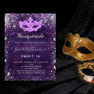 Invitación Dulce purpurina de plata morada de mascarada 16