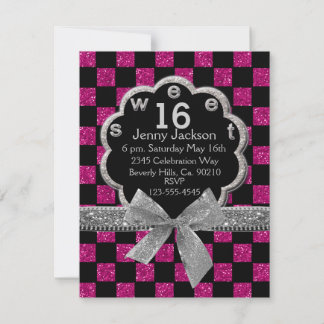 Invitación Dulce Purpurina de tablero de ajedrez rosa y negro