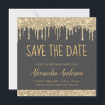 Invitación Dulce Purpurina moderno gris dorado 16 Guardar la<br><div class="desc">Dorado de lujo y Gris carbonero (gris) Purpurina de goteo espumoso Dulce Dieciséis - 16 cumpleaños fiesta de Chica Guardar la invitación de la fecha. Esta invitación es perfecta para la fiesta de cumpleaños número 16 de Sparkle Purpurina que busca celebrar en oro rosa.</div>
