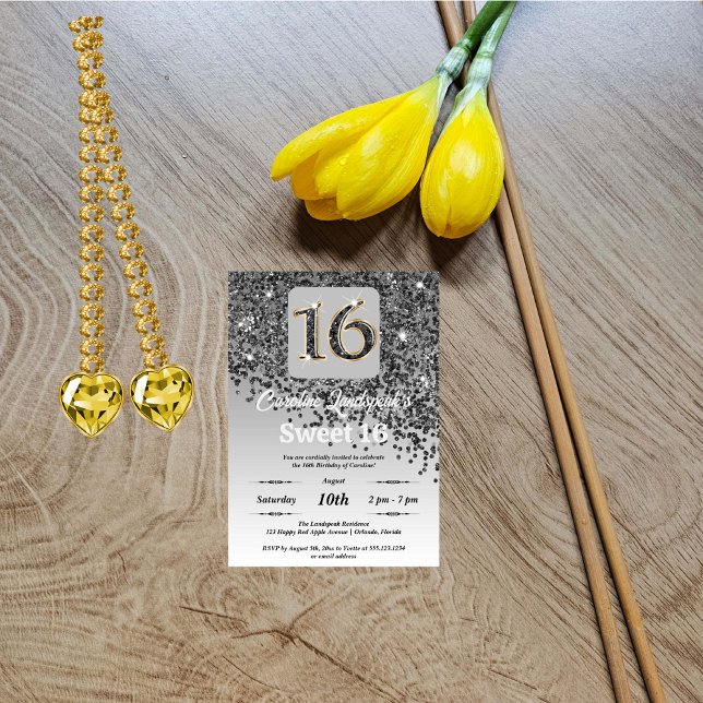 Invitación Dulce Purpurina negro caída 16 cumpleaños (Subido por el creador)