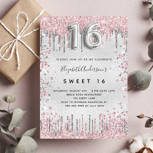 Invitación Dulce purpurina rosa plateado 16 gotea lujo