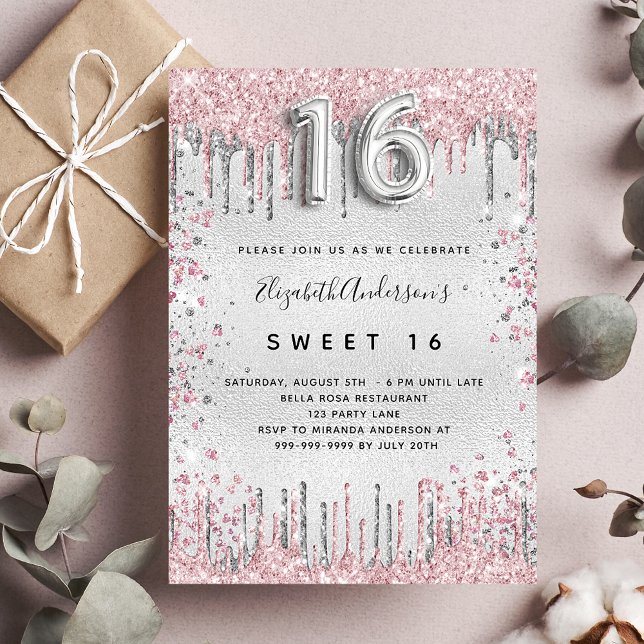 Invitación Dulce purpurina rosa plateado 16 gotea lujo (Subido por el creador)