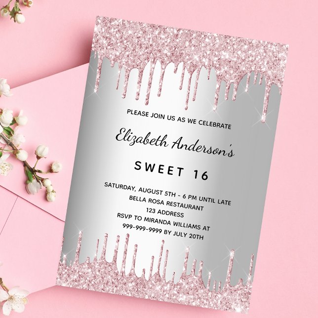 Invitación Dulce purpurina rosa plateado de 16 años gotea luj (Subido por el creador)