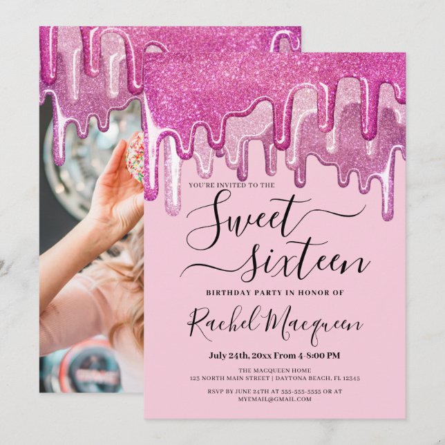 Invitación Dulce Purpurina rosado glotón foto dulce 16 (Anverso / Reverso)