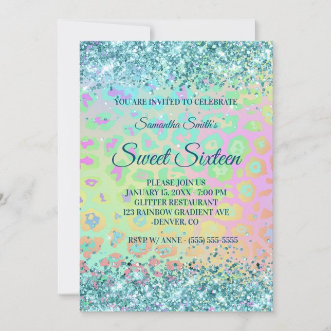 Invitación Dulce Purpurina Verde azulado de Rainbow Leopard F (Anverso)