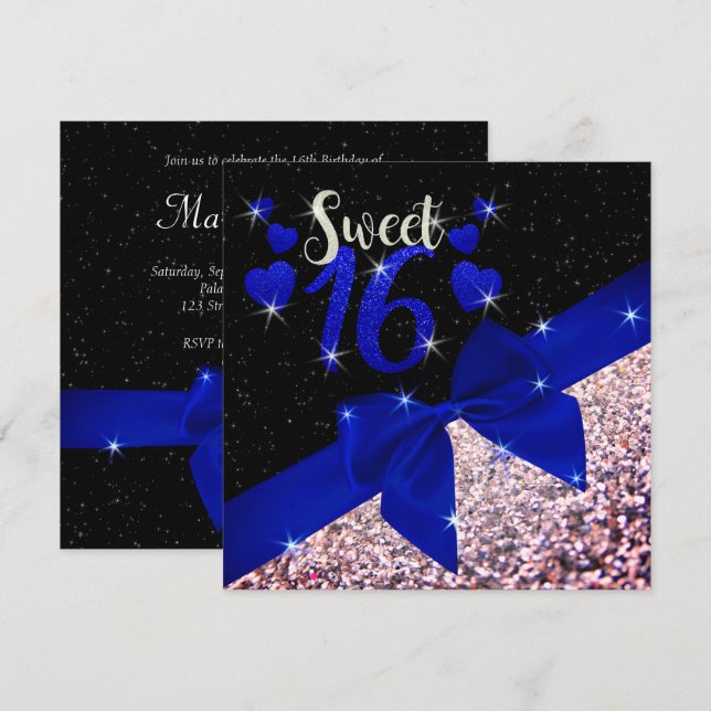 Invitación Dulce Purpurinoso azul negro y real 16 Invite (Anverso / Reverso)