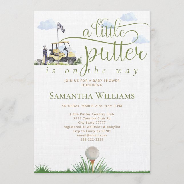 Invitación Dulce Putter Golfista Moderno Verde Fiesta de Bebé (Anverso)