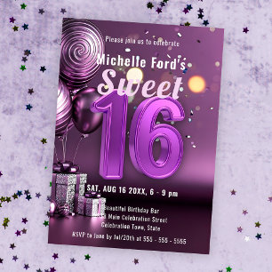 Invitación Dulce radiante 16 Esparkle con elegancia púrpura
