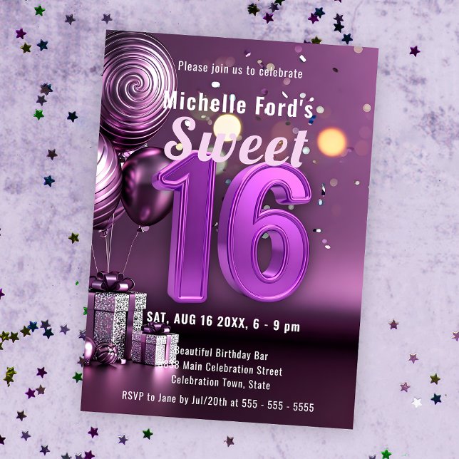 Invitación Dulce radiante 16 Esparkle con elegancia púrpura (Subido por el creador)