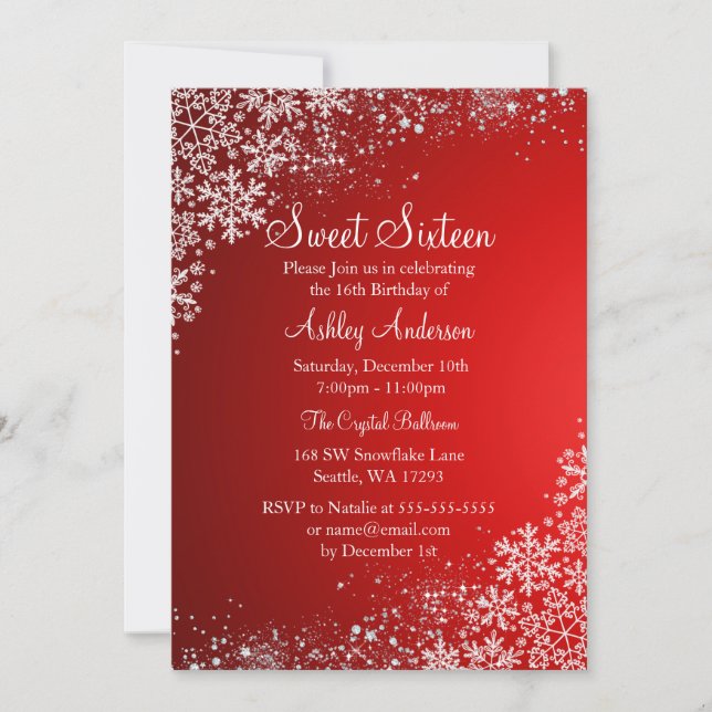 Invitación Dulce rojo 16 copos de nieve de invierno de Wonder (Anverso)
