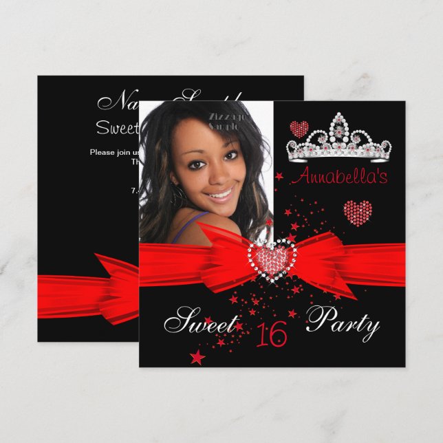 Invitación Dulce rojo 16 foto de Diamante de cumpleaños Tiara (Anverso / Reverso)