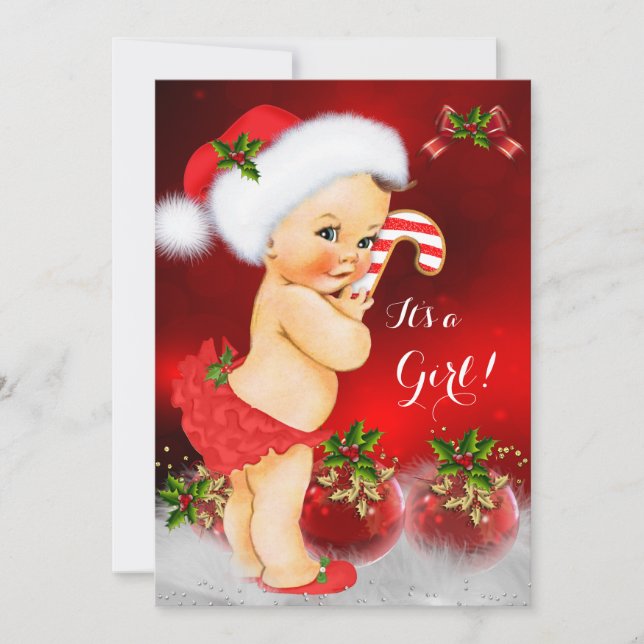 Invitación Dulce Rojo Blanco Navidad Baby Shower Niña Morena (Anverso)