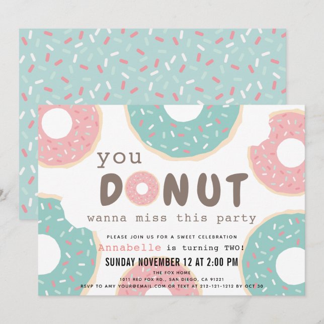 Invitación Dulce Ropa Verde Rosa y Mint Donut Cumpleaños (Anverso / Reverso)
