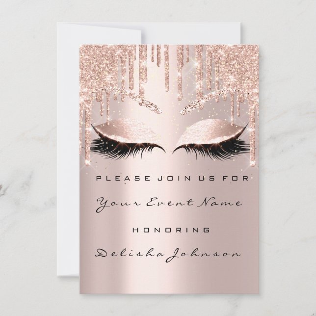 Invitación Dulce Rosa 16º Purpurina Drips Maquillaje de novia (Anverso)
