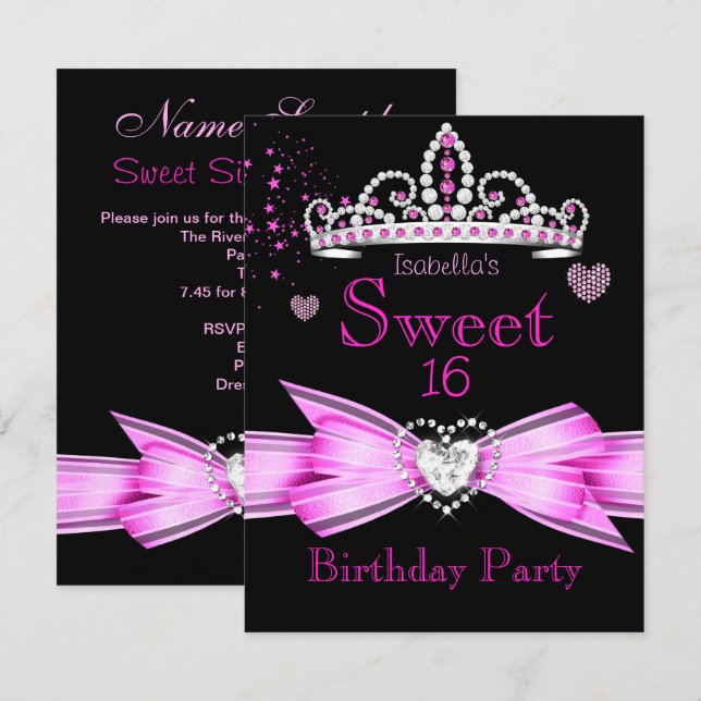 Invitación Dulce rosa 16 cumpleaños Diamante Tiara (Anverso / Reverso)
