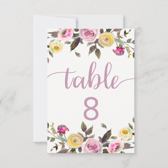 Invitación Dulce Rosa Acuarela Boda Floral Números de tabla (Anverso)