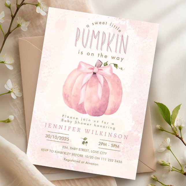 Invitación Dulce rosa calabaza Bow Halloween Baby Shower (Pink Sweet Pumpkin Bow Halloween Baby Shower Invitation)