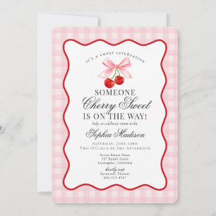 Invitación Dulce Rosa Cereza Coqueta Lazo de Cuadros Baby Sho