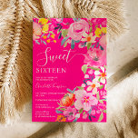 Invitación Dulce rosa color de agua floral autista bohemio 16<br><div class="desc">Fuerte invitación de 16 años con flores pintadas a mano color rosa,  naranja,  flores amarillas y hojas de eucalipto verde y follaje índigo con un estilo moderno de guijarros en rosa neón caliente. Invitación nupcial perfecta para primavera y verano,  temática fiesta y al aire libre.</div>