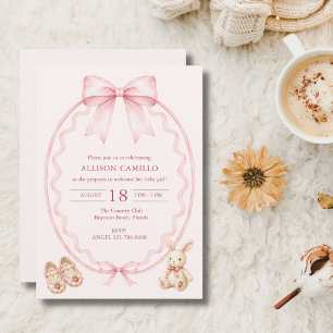 Invitación Dulce Rosa Coquette Lazo Fiesta de Bebé