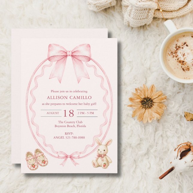 Invitación Dulce Rosa Coquette Lazo Fiesta de Bebé  (Berry Sweet Pink Coquette Bow Baby Shower Invitation)