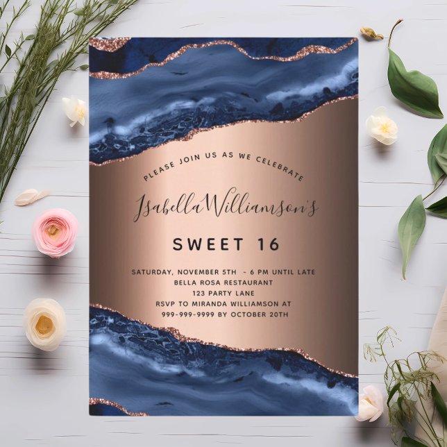 Invitación Dulce rosa de oro de 16 agate azul (Subido por el creador)