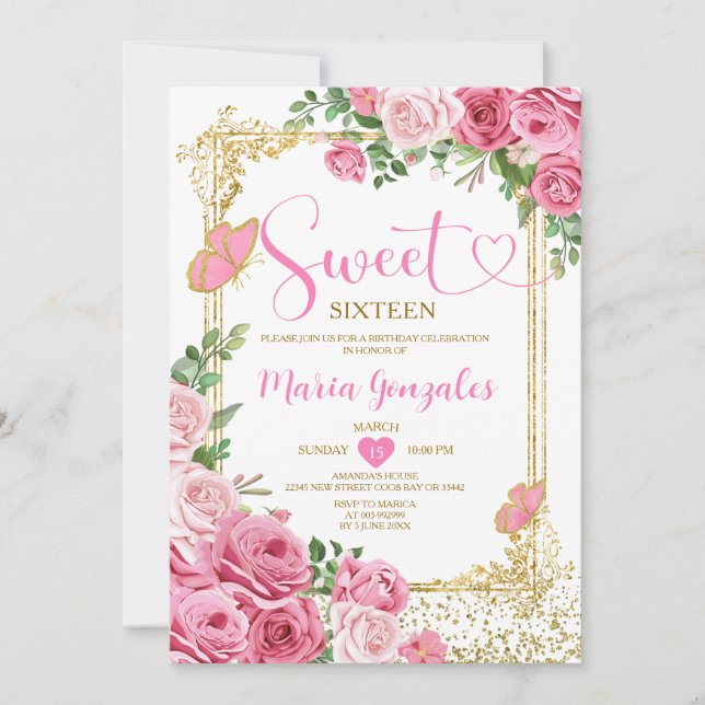 Invitación Dulce Rosa Dieciséis Dorados 16ª fiesta de cumplea (Anverso)