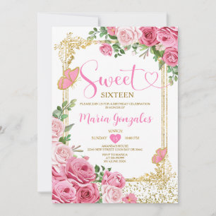 Invitación Dulce Rosa Dieciséis Dorados 16ª fiesta de cumplea
