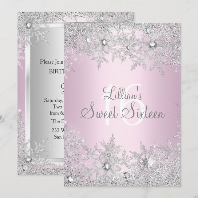Invitación Dulce Rosa Dulces 16 Copo de Nieve Invierno Maravi (Anverso / Reverso)