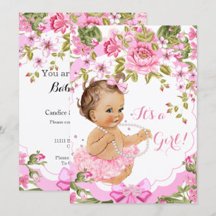 Invitación Dulce Rosa Floral Baby Shower Niña Morenita Tutú
