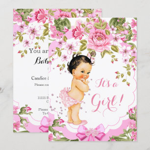 Invitación Dulce Rosa Floral Rosa Baby Shower Niña Morena