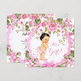 Invitación Dulce Rosa Floral Rosa Baby Shower Niña Morena