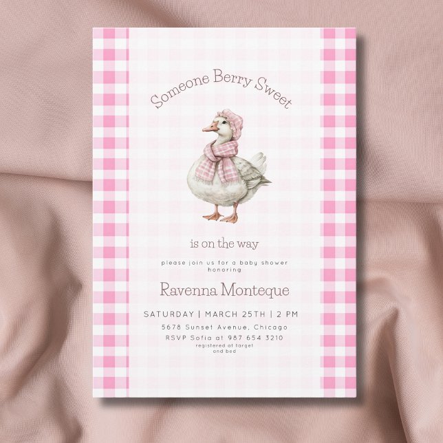 Invitación Dulce Rosa Gingham Cute Ganso Baby Shower  (Subido por el creador)