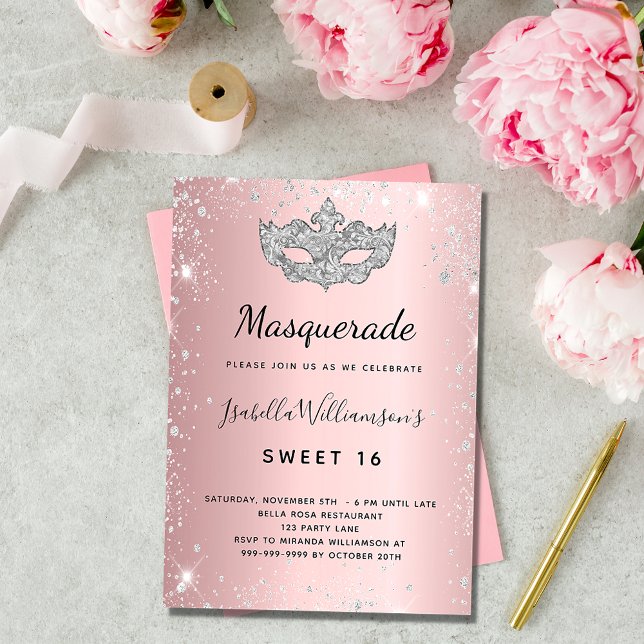 Invitación Dulce rosa plateado de mascarada 16 de lujo (Subido por el creador)