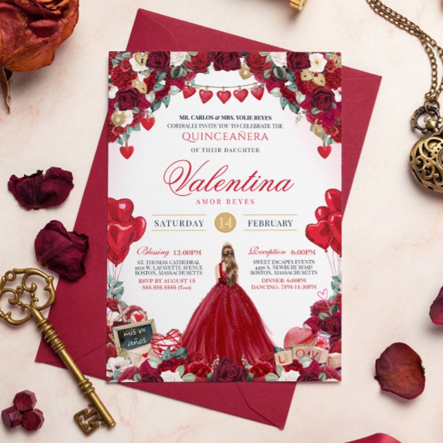 Invitación Dulce rosa rojo 15 Quinceanera de San Valentín (Subido por el creador)