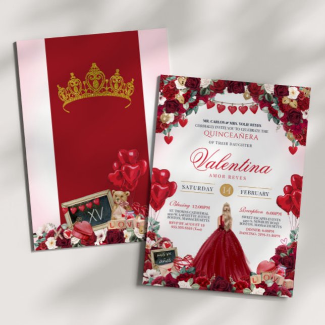 Invitación Dulce rosa rojo 15 Valentines Quinceanera (Subido por el creador)