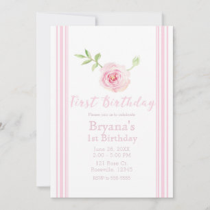 Invitación Dulce Rosa Rosa Floral Niñas Primer 1er Cumpleaños