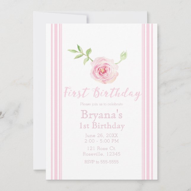 Invitación Dulce Rosa Rosa Floral Niñas Primero 1er Cumpleaño (Anverso)