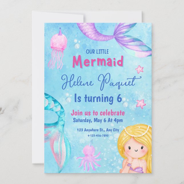 Invitación Dulce rosa y azul dulce acuarela Sirena Cumpleaños (Anverso)